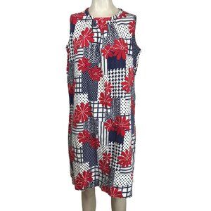 VINTAGE HOMEMADE - WOMEN'S M/L -RED BLUE FLORAL SLEEVELESS ROUND NECK DRESS